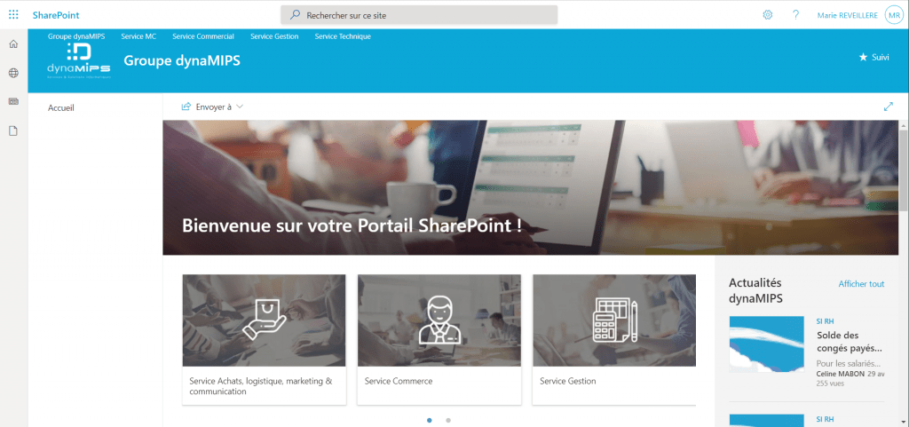 screenshot plateforme collaborative Microsoft SharePoint