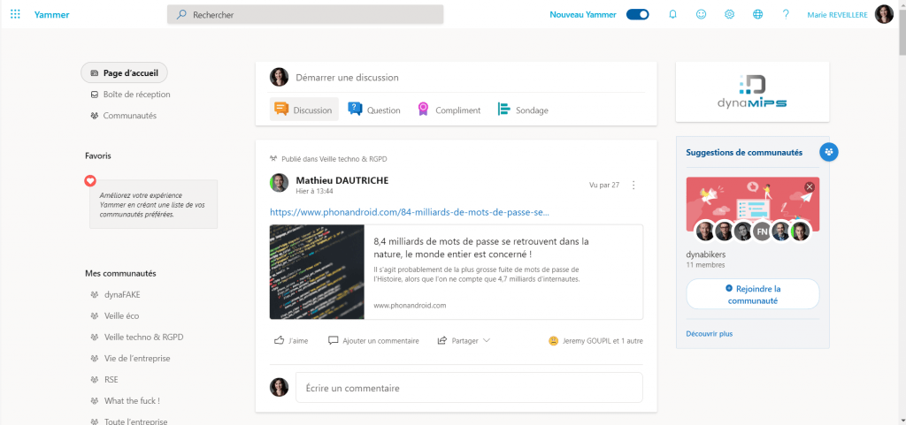 screenshot outil collaboratif Microsoft Yammer