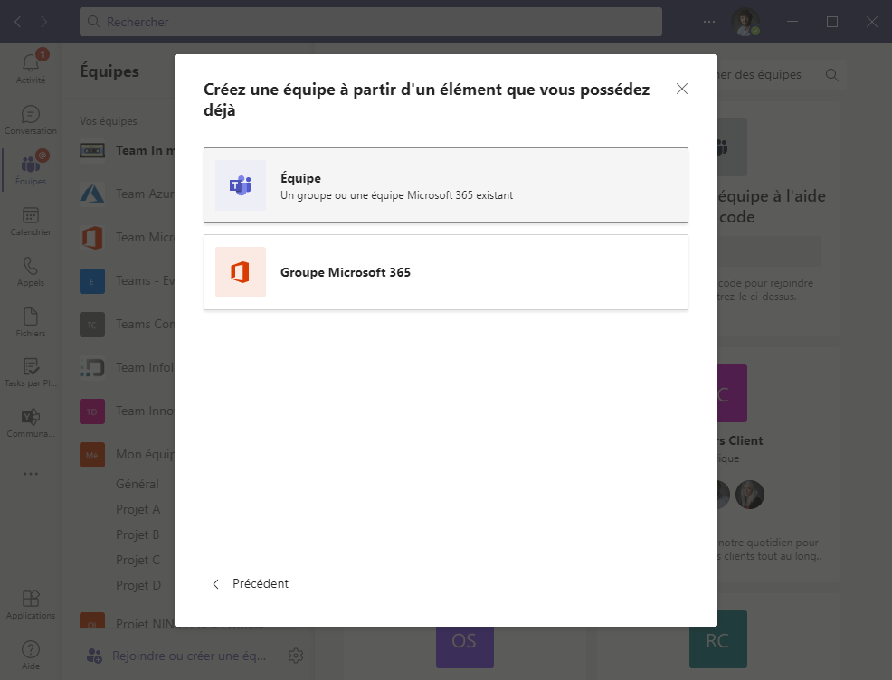 CRéer une équipe de projet Microsoft Teams