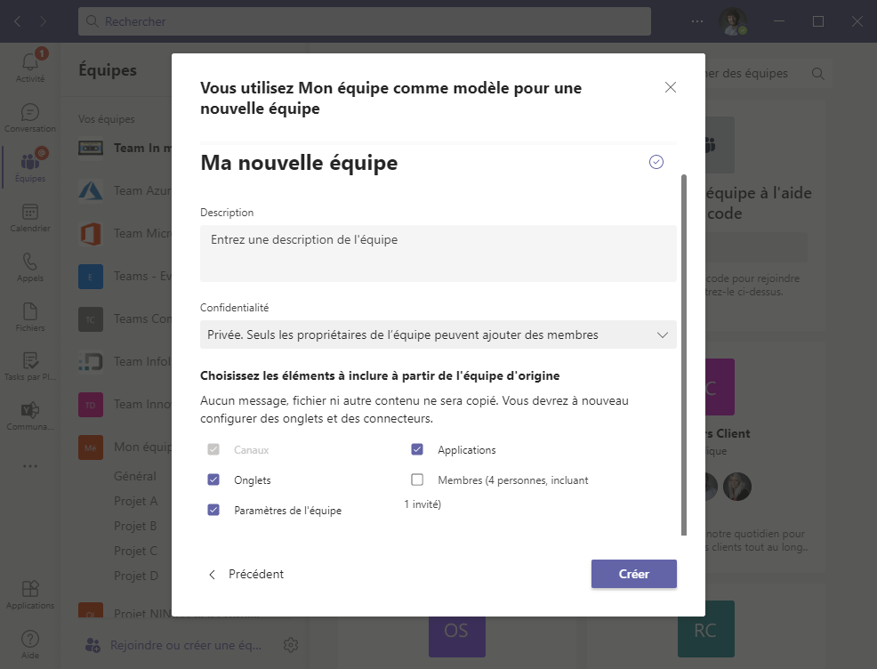 Nouvelle équipe Teams pour la gestion de projet